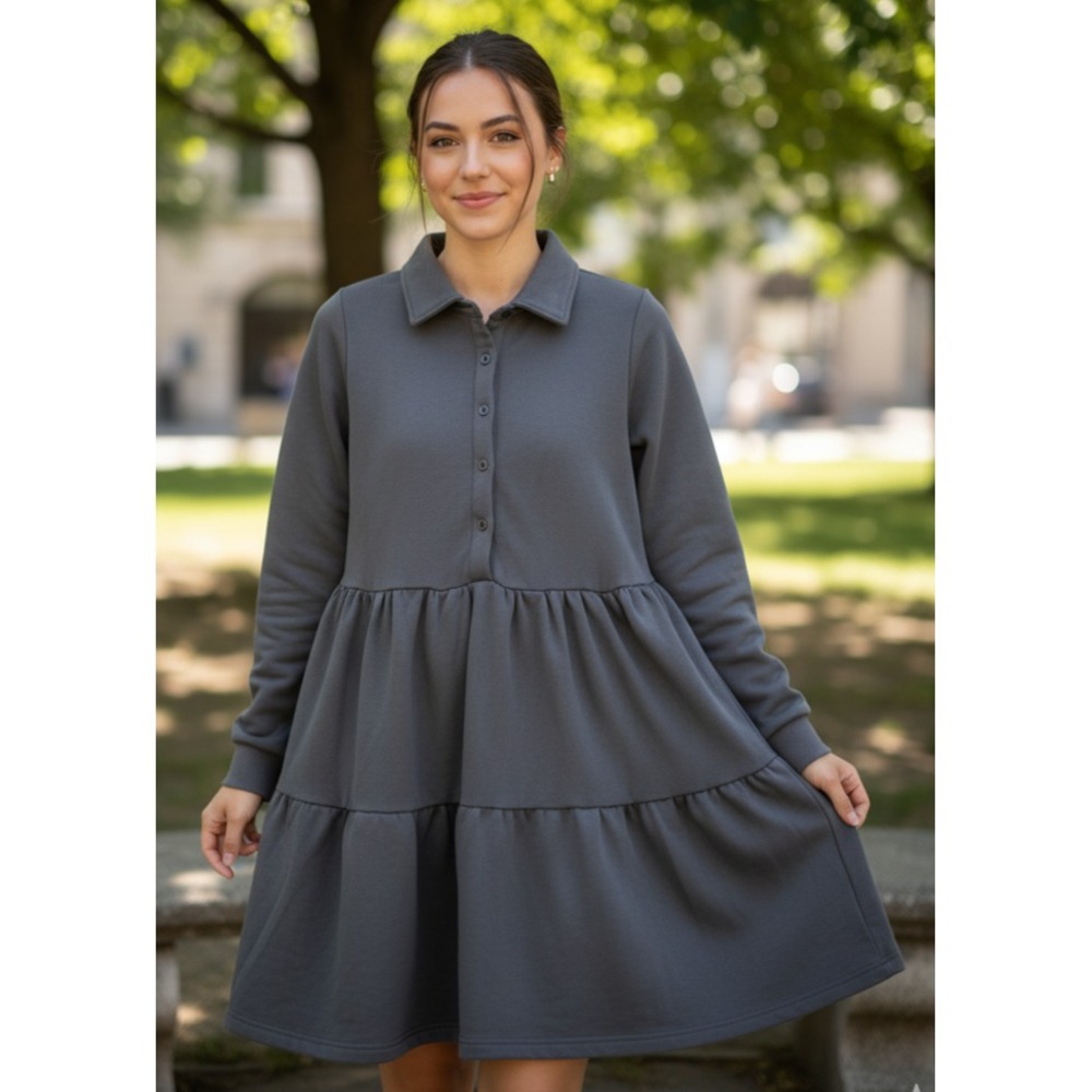 Natural Life Sylvan Sweatshirt Dress Womens M Charcoal Cotton Tiered Button Down